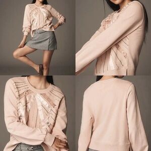 NEW Anthropologie Pink Beaded Bow Lace Embellished Crewneck Sweater | Small